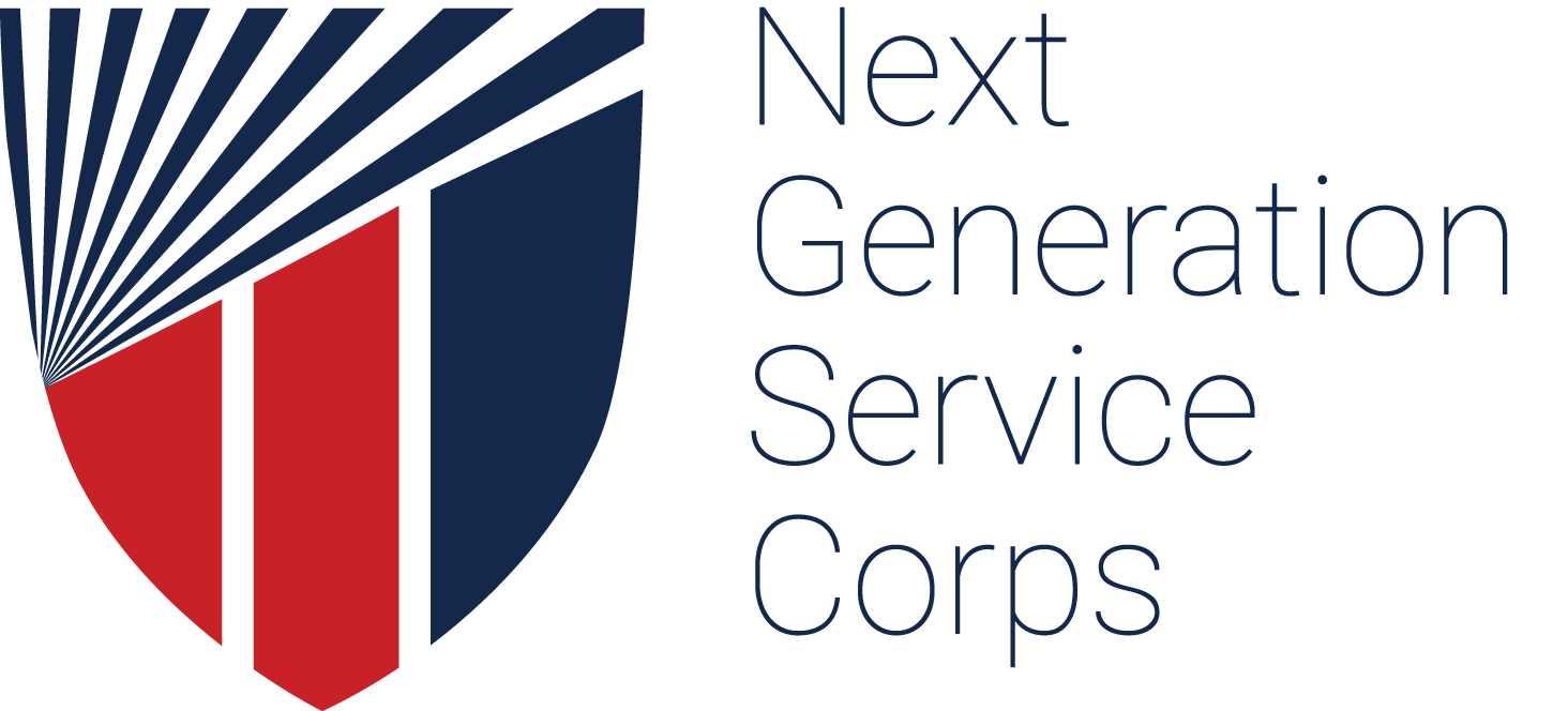 Logo: Shield on the left with red and navy blue stripes, and the title Next Generation Service Corps spelled out on the right.
